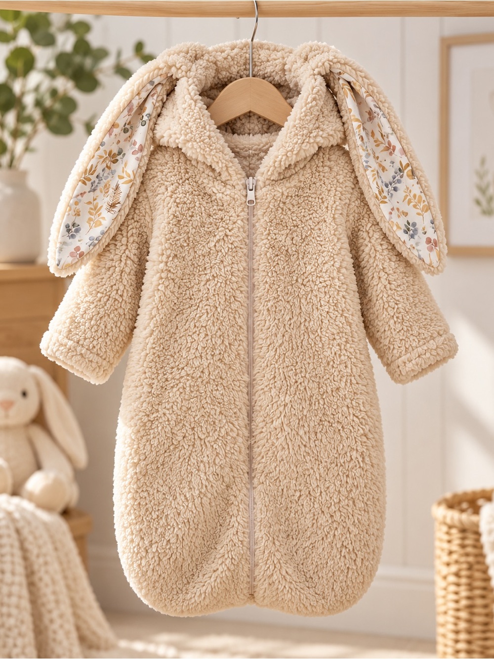 Cozy Pixies Bunny Ear Sherpa Fleece Bunting 3-6M Beige
